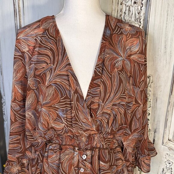 Olivaceous Bohemian Brown Floral Patterned Women's Babydoll Mini Dress/Romper - Picture 2 of 13